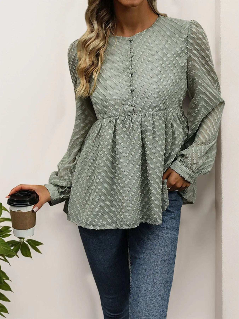 Peplum Round Neck Long Sleeve Blouse - Trendsi - Flyclothing LLC