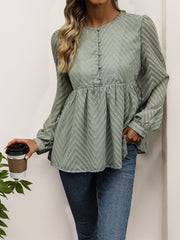 Peplum Round Neck Long Sleeve Blouse - Trendsi