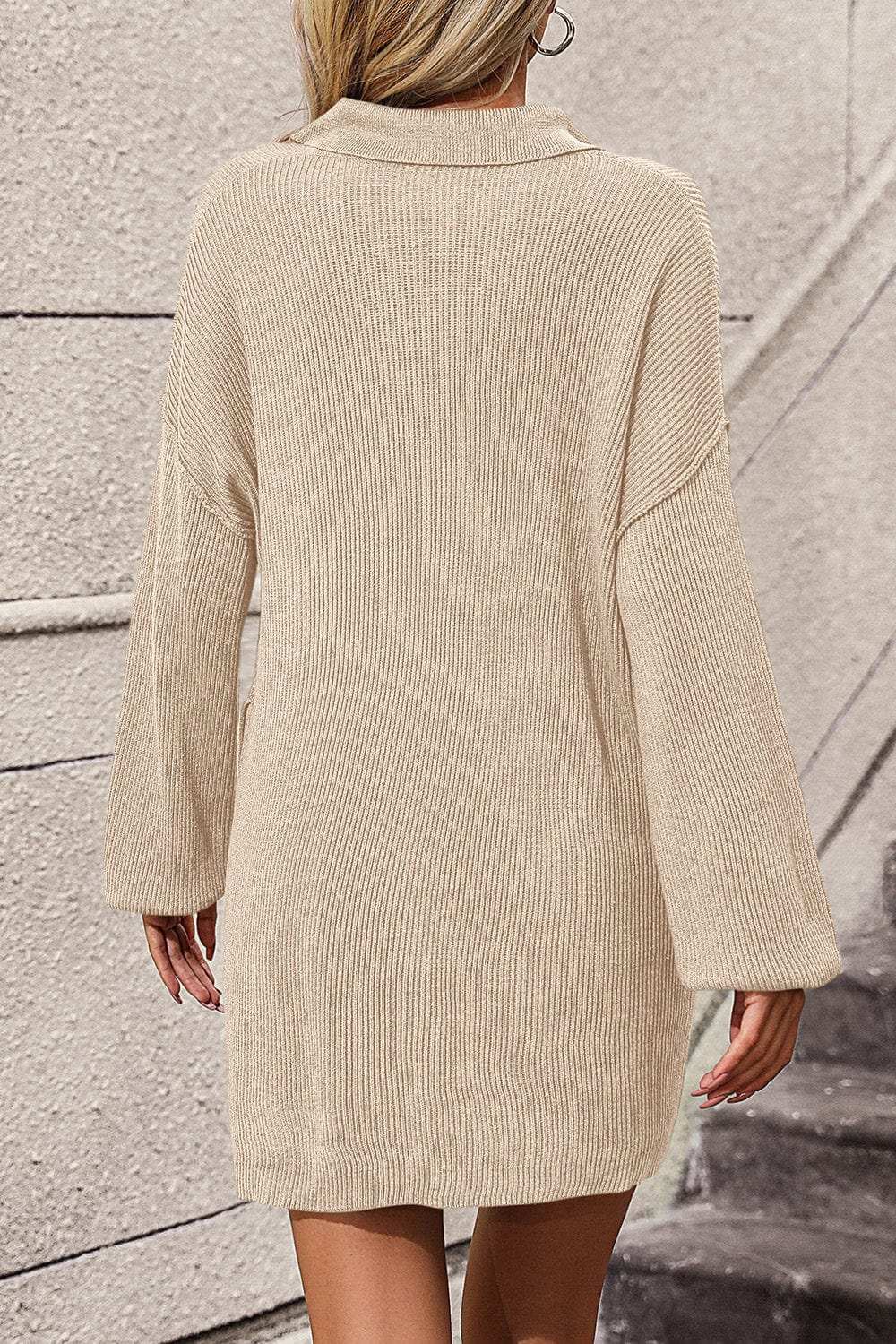 Collared Neck Long Sleeve Sweater Dress with Pockets - Trendsi - Flyclothing LLC