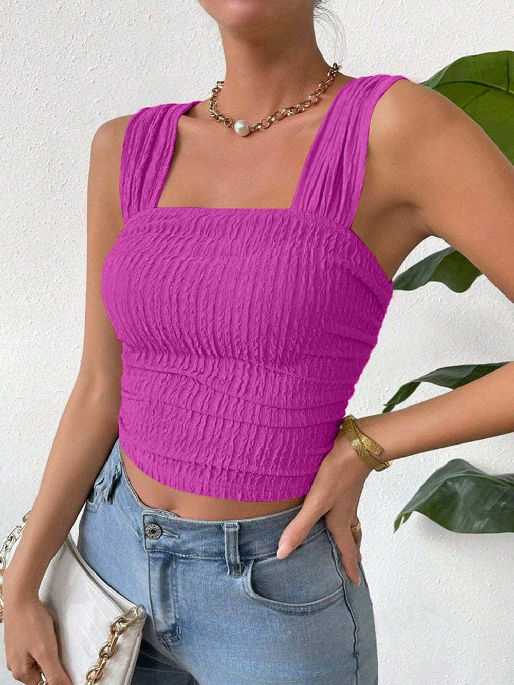Textured Square Neck Wide Strap Tank - Trendsi - Flyclothing LLC