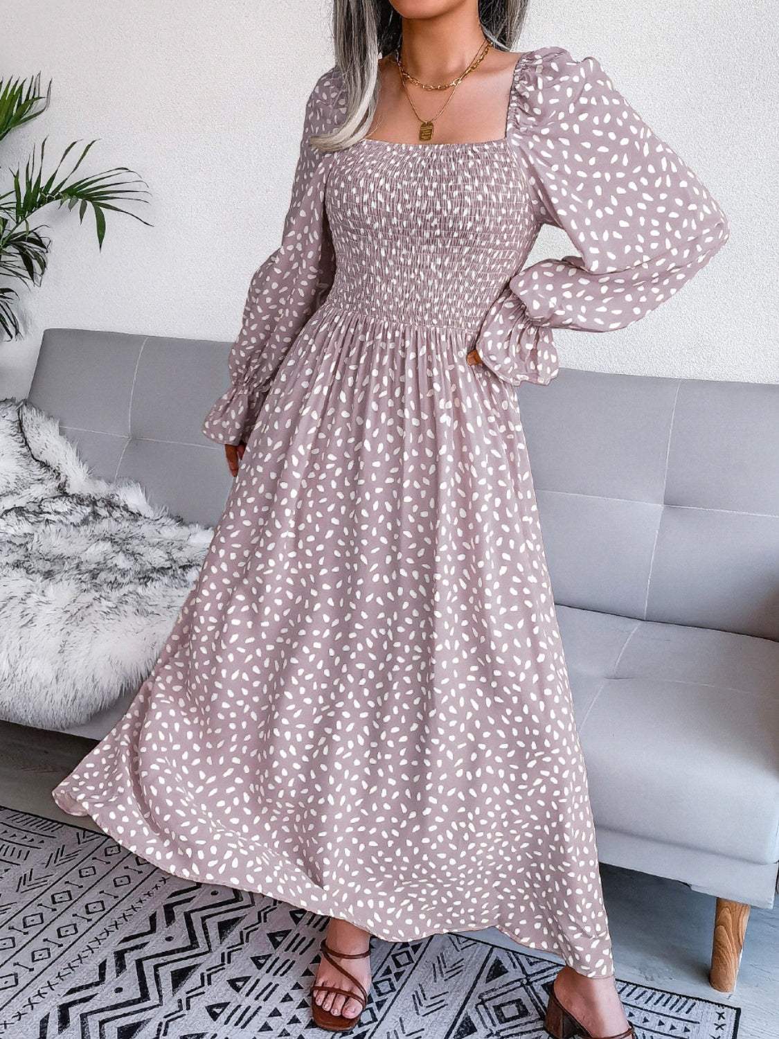 Smocked Square Neck Flounce Sleeve Dress - Trendsi - Flyclothing LLC