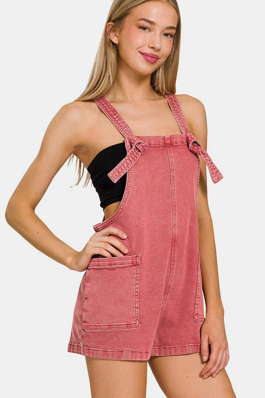 Zenana Washed Knot Strap Rompers - Flyclothing LLC