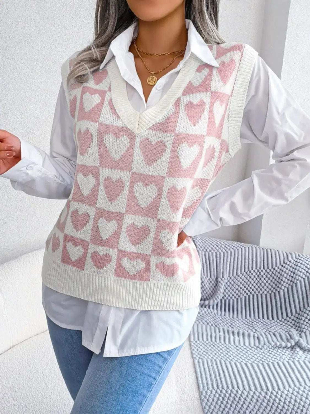 Heart V-Neck Sweater Vest - Trendsi - Flyclothing LLC