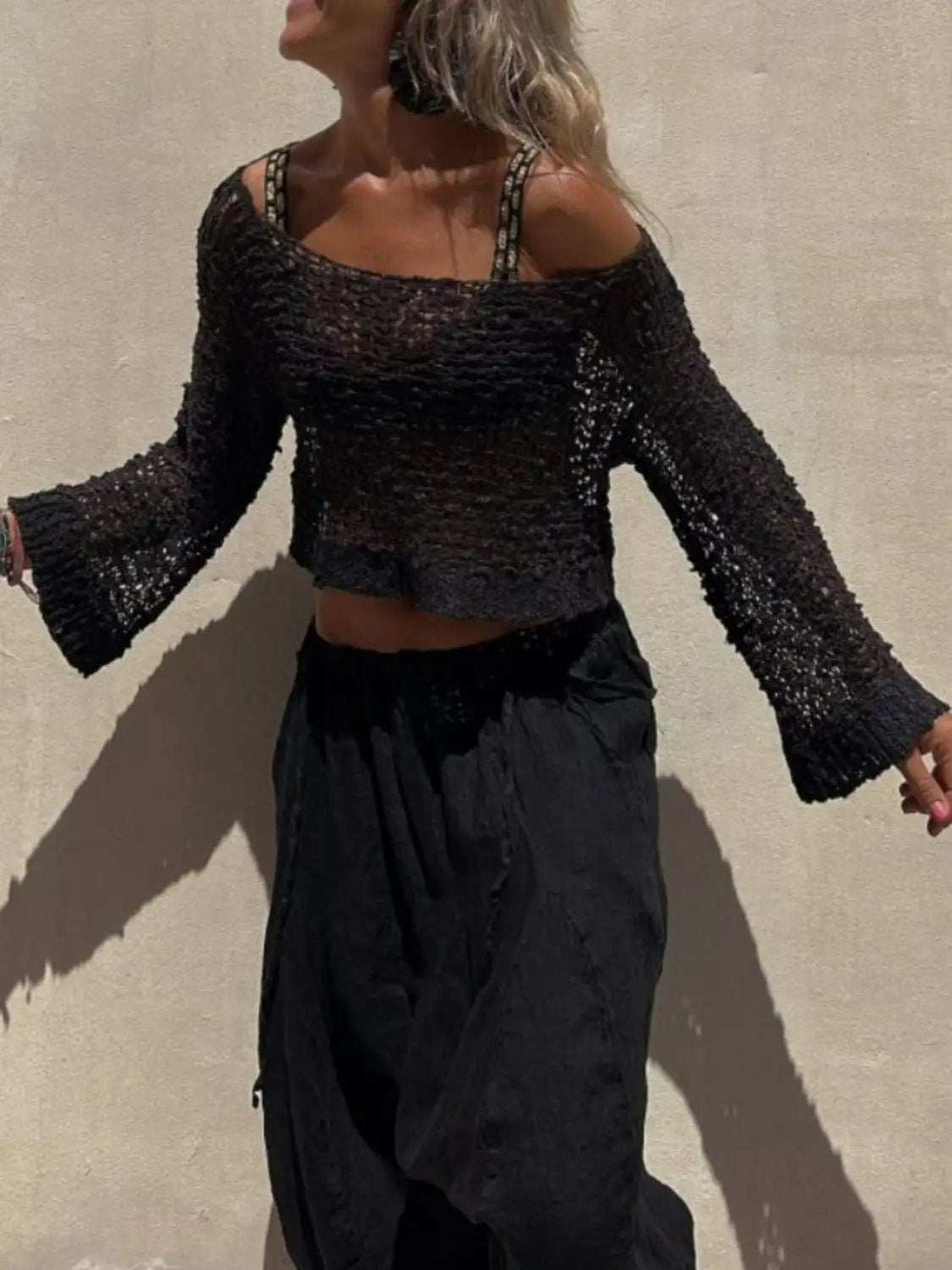 Round Neck Long Sleeve Knit Cover Up - Trendsi - Flyclothing LLC