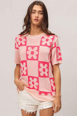 BiBi Flower Checker Pattern Short Sleeve Sweater - Trendsi - Flyclothing LLC