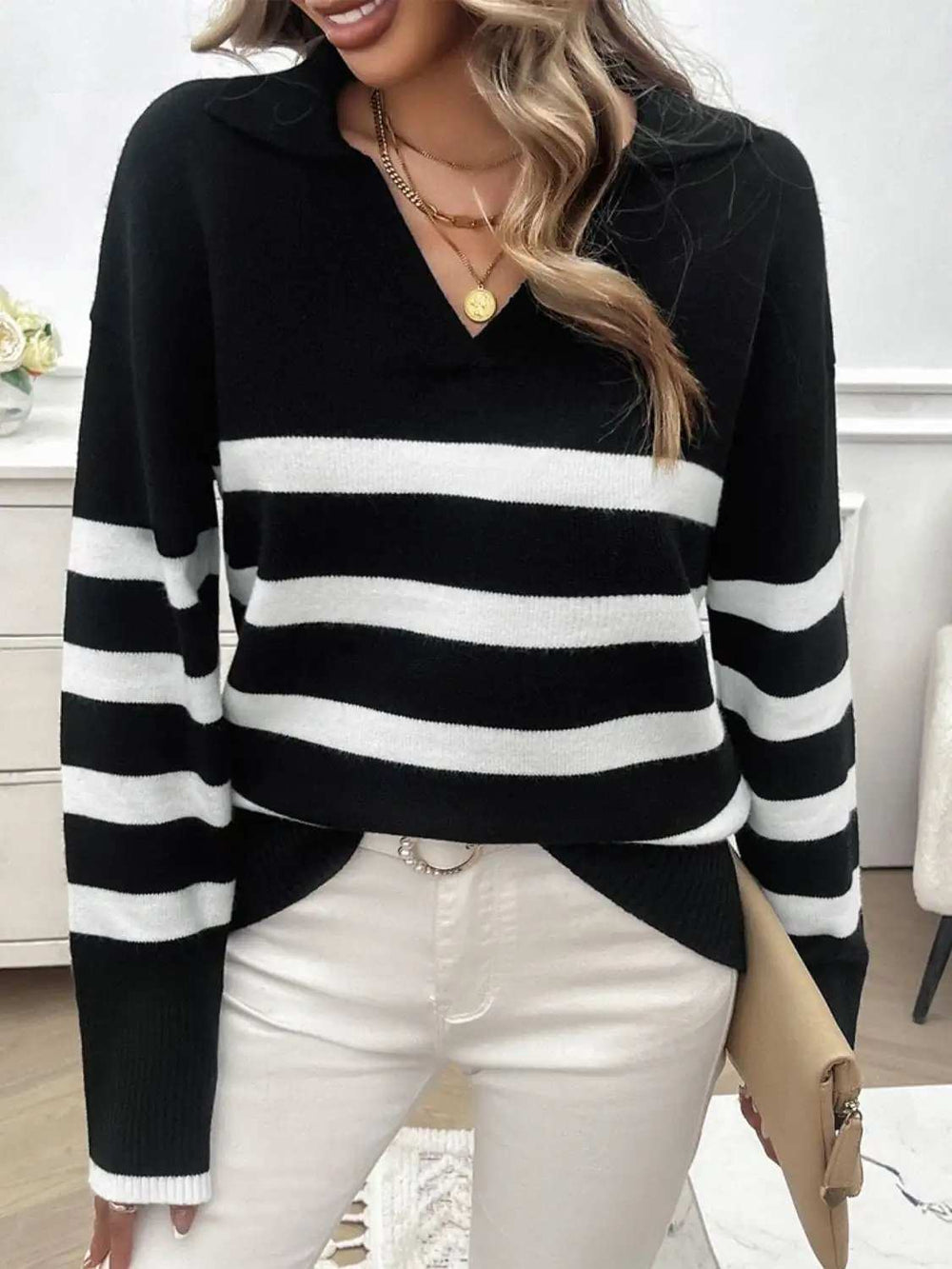 Striped Collared Neck Long Sleeve Sweater - Trendsi - Flyclothing LLC