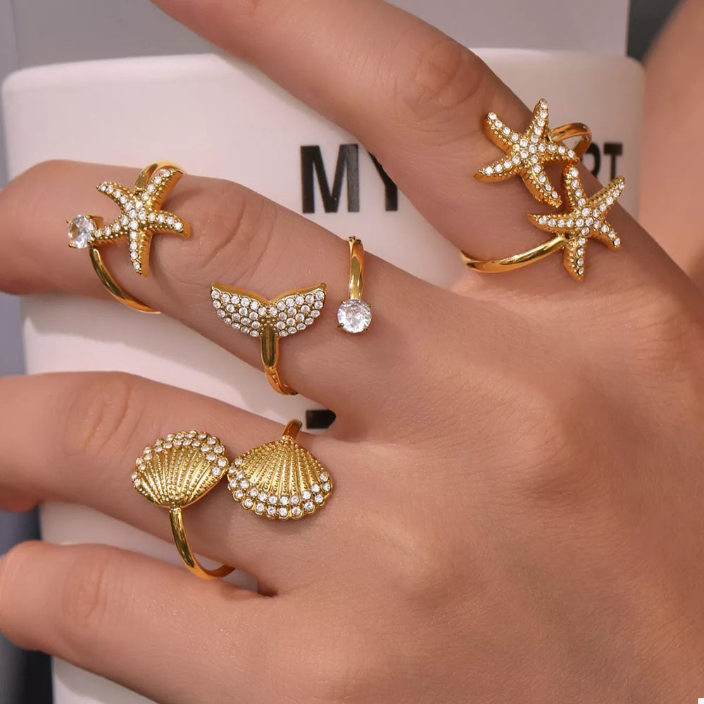 18K Gold-Plated Stainless Steel Zircon Starfish Ring - Trendsi - Flyclothing LLC