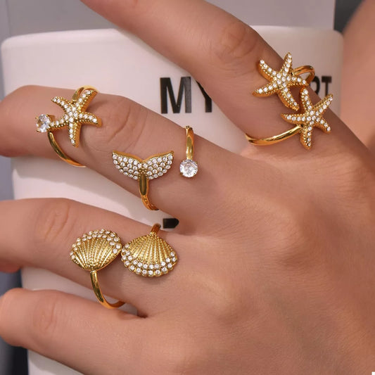 18K Gold-Plated Stainless Steel Zircon Starfish Ring - Trendsi - Flyclothing LLC