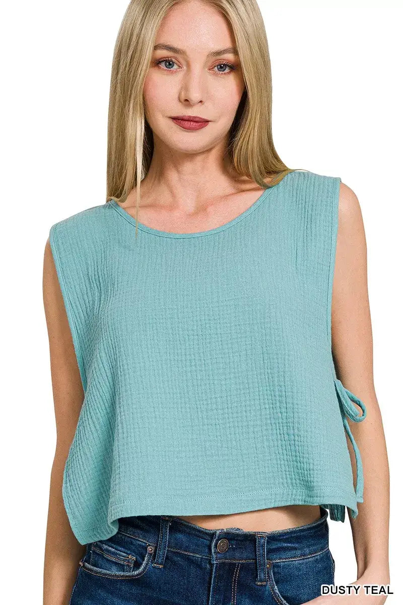 Zenana Double Gauze Side Tie Sleeveless Top - Trendsi - Flyclothing LLC