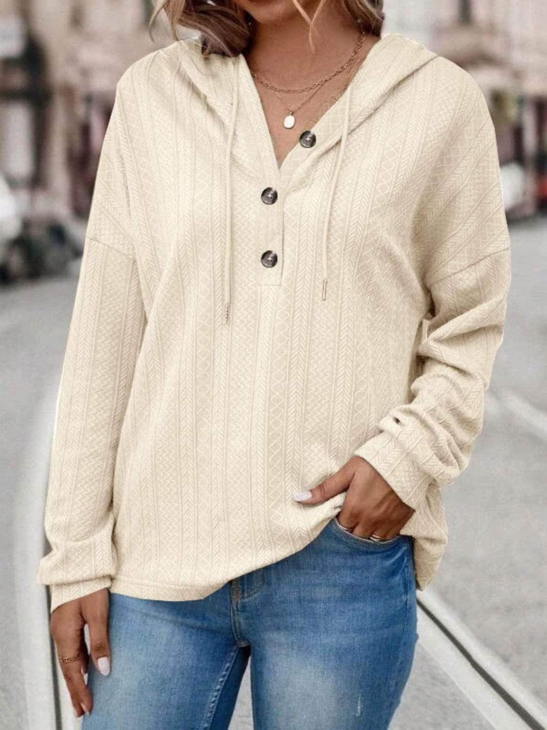 Drawstring Dropped Shoulder Long Sleeve Hoodie - Trendsi - Flyclothing LLC