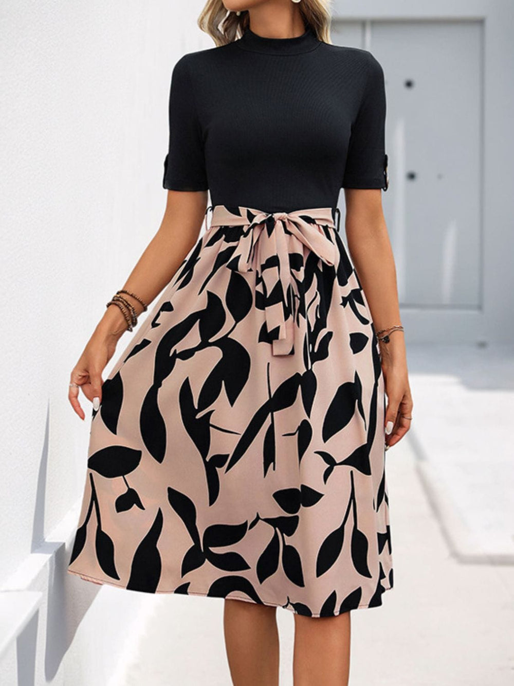 Perfee Tied Printed Mock Neck Short Sleeve Dress - Trendsi