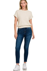 Zenana Round Neck Banded Botton Short Sleeve Sweater - Trendsi - Flyclothing LLC