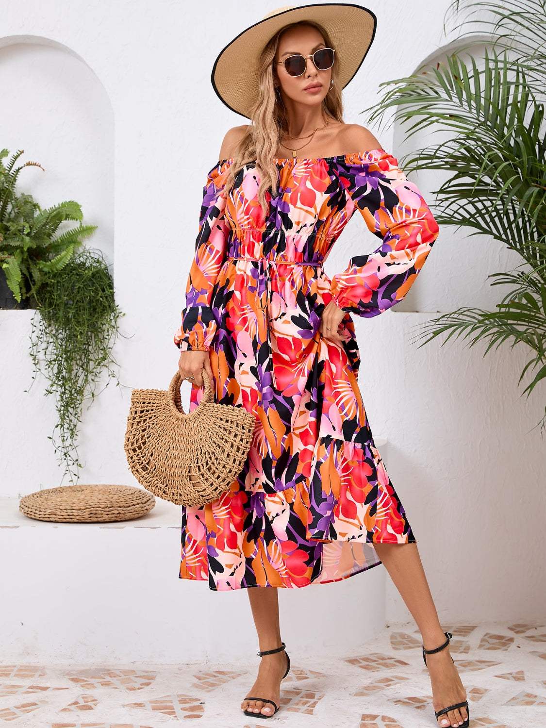 Printed Long Sleeve Midi Dress - Trendsi - Flyclothing LLC
