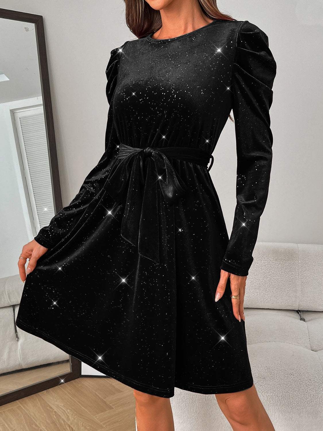 Glitter Round Neck Puff Sleeve Dress - Trendsi - Flyclothing LLC