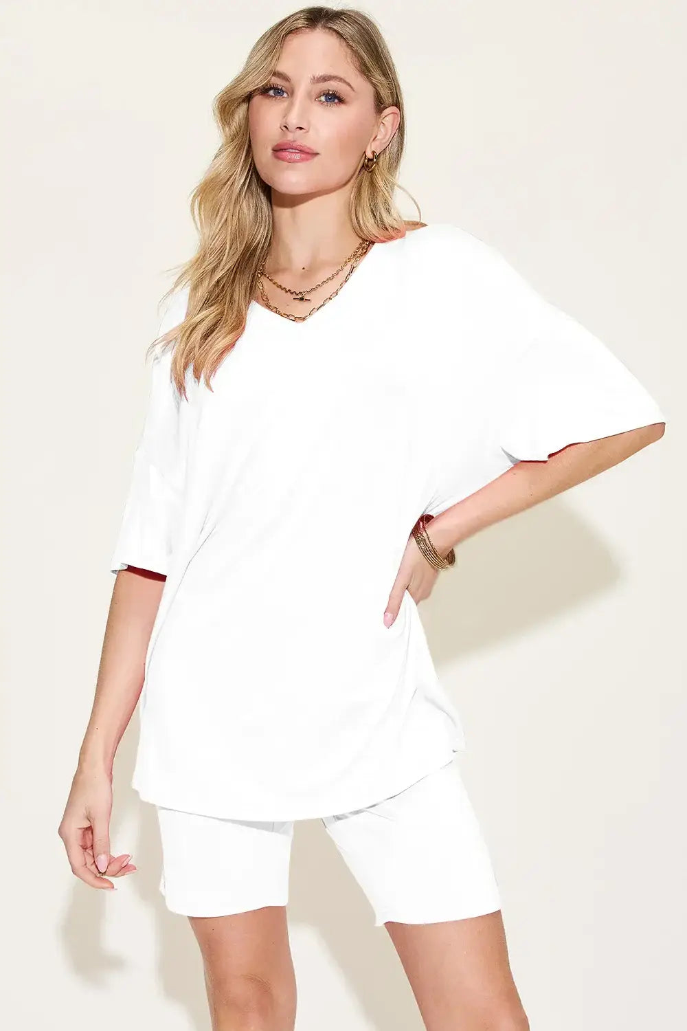 Basic Bae Bamboo Full Size V-Neck Drop Shoulder T-Shirt and Shorts Set - Trendsi - Flyclothing LLC