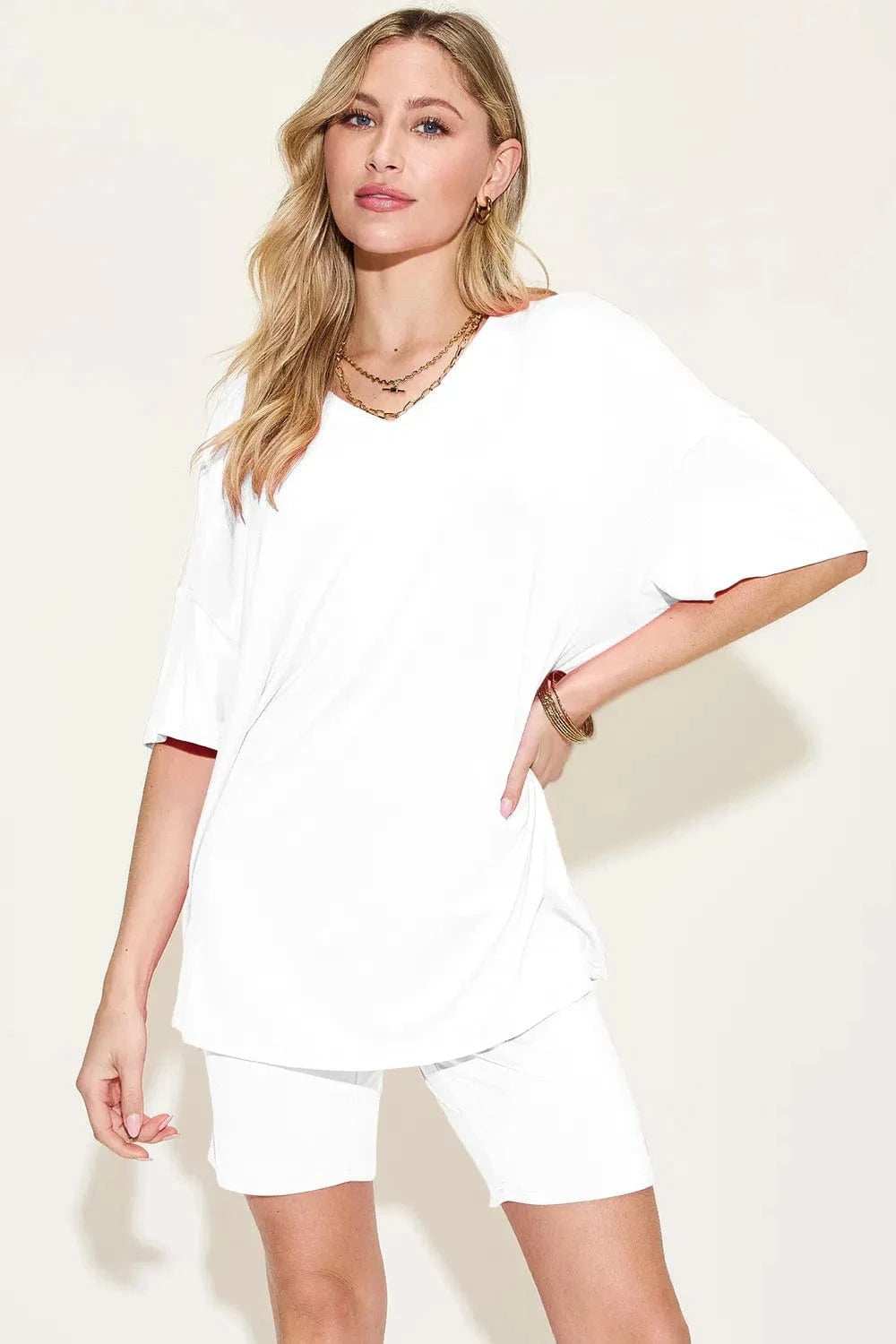 Basic Bae Bamboo Full Size V-Neck Drop Shoulder T-Shirt and Shorts Set - Trendsi - Flyclothing LLC
