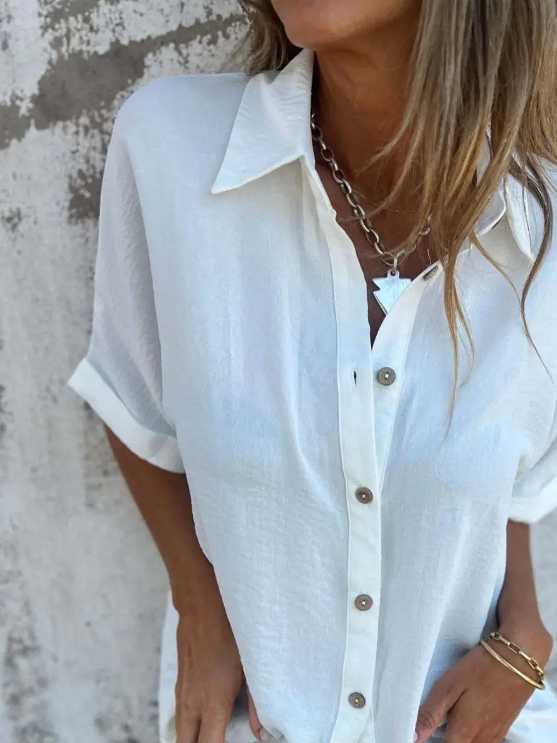 Full Size Collared Neck Half Sleeve Shirt Plus Size - Trendsi - Flyclothing LLC