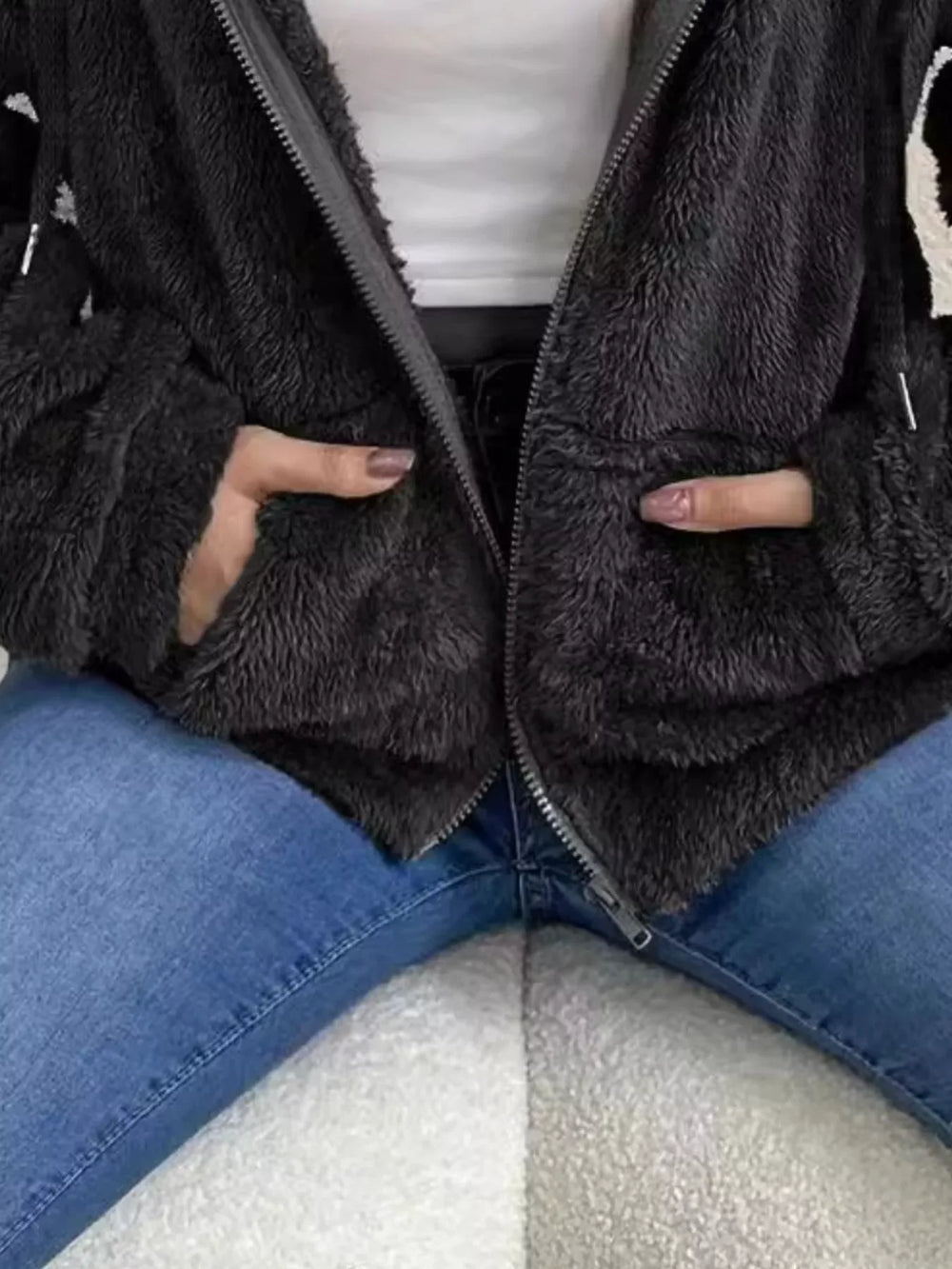 Drawstring Fleece Zip-Up Outerwear - Trendsi - Flyclothing LLC