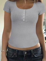 Ribbed Button Detail Round Neck Short Sleeve T-Shirt - Trendsi - Flyclothing LLC