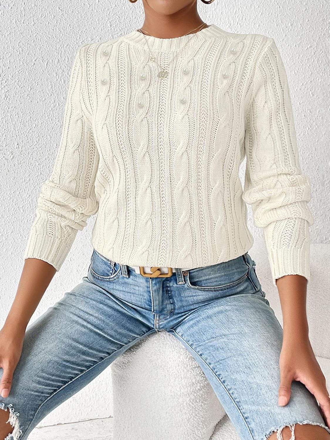 Cable-Knit Round Neck Long Sleeve Sweater - Trendsi - Flyclothing LLC