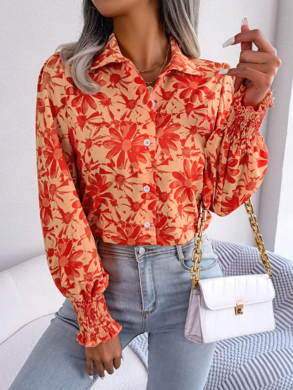 Floral Collared Neck Long Sleeve Shirt - Trendsi - Flyclothing LLC