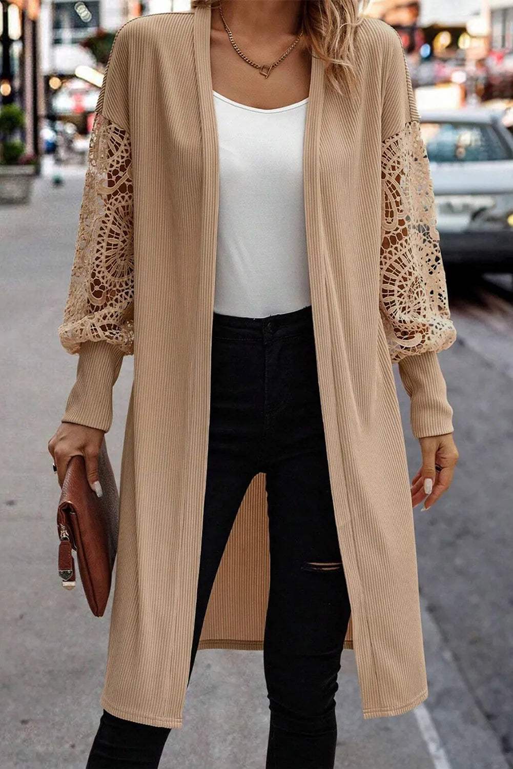 Open Front Lace Lantern Sleeve Cover-Up - Trendsi - Flyclothing LLC
