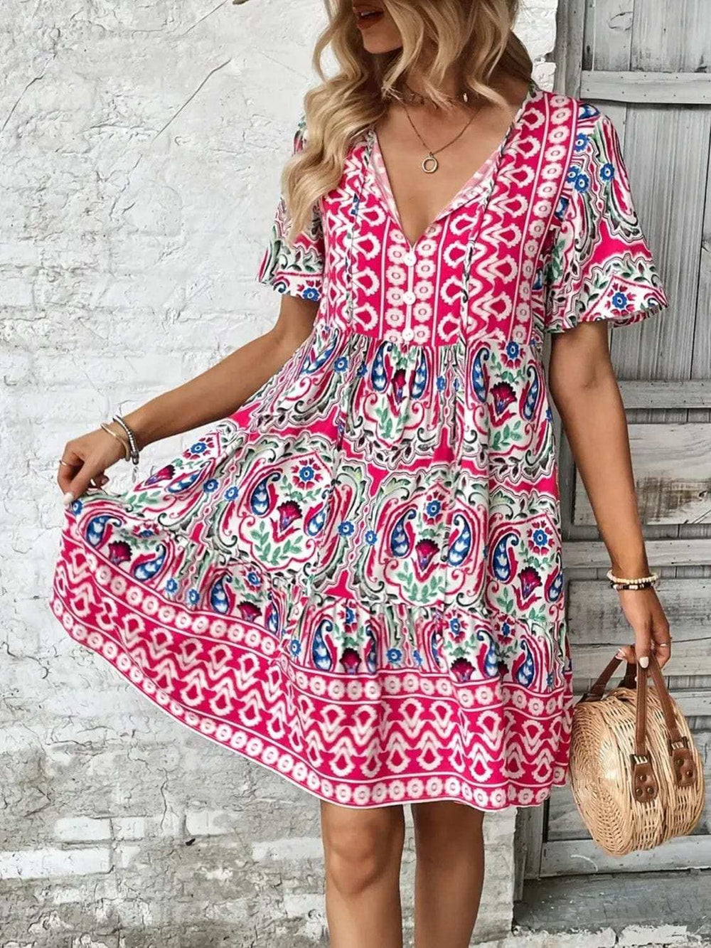 Printed Tie Neck Short Sleeve Dress - Trendsi - Flyclothing LLC