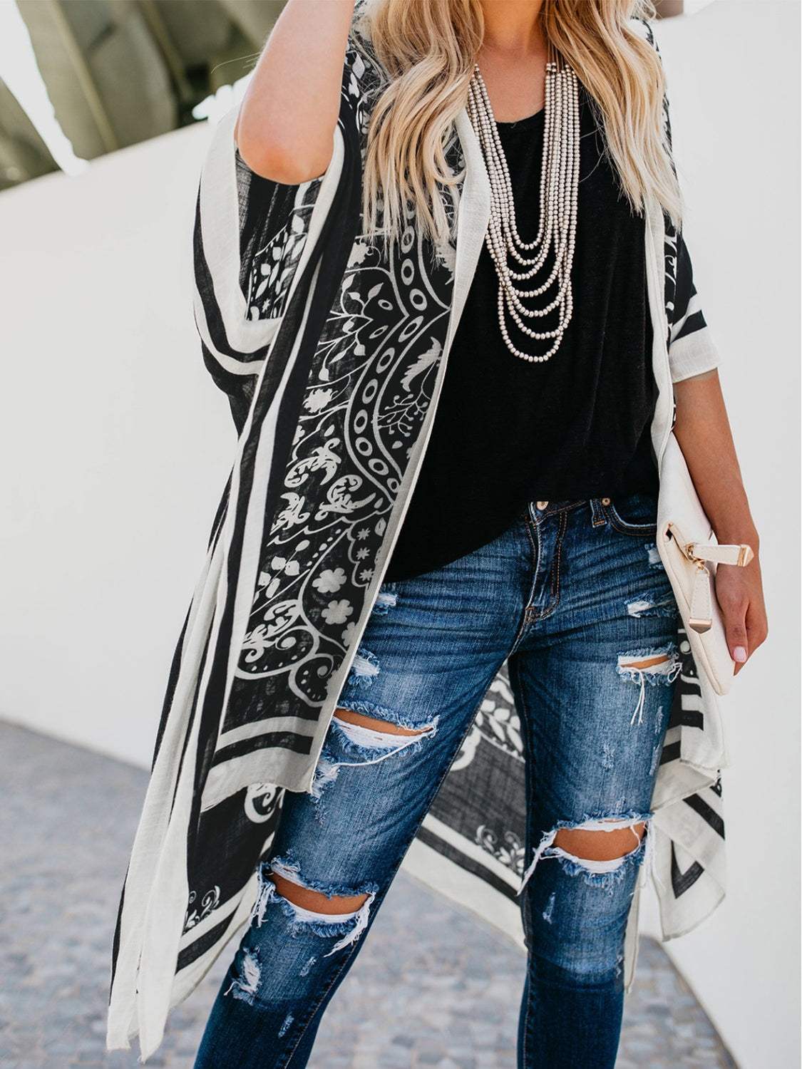 Printed Open Front Cover-Up - Trendsi - Flyclothing LLC
