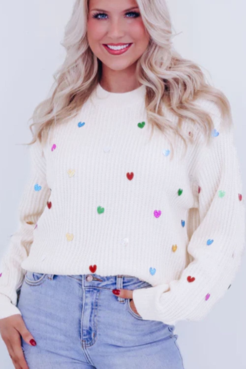Heart Sequin Round Neck Long Sleeve Sweater - Trendsi