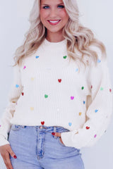 Heart Sequin Round Neck Long Sleeve Sweater - Trendsi