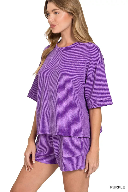 Zenana Raised Rib Short Sleeve Tee and Drawstring Shorts Set - Trendsi - Flyclothing LLC