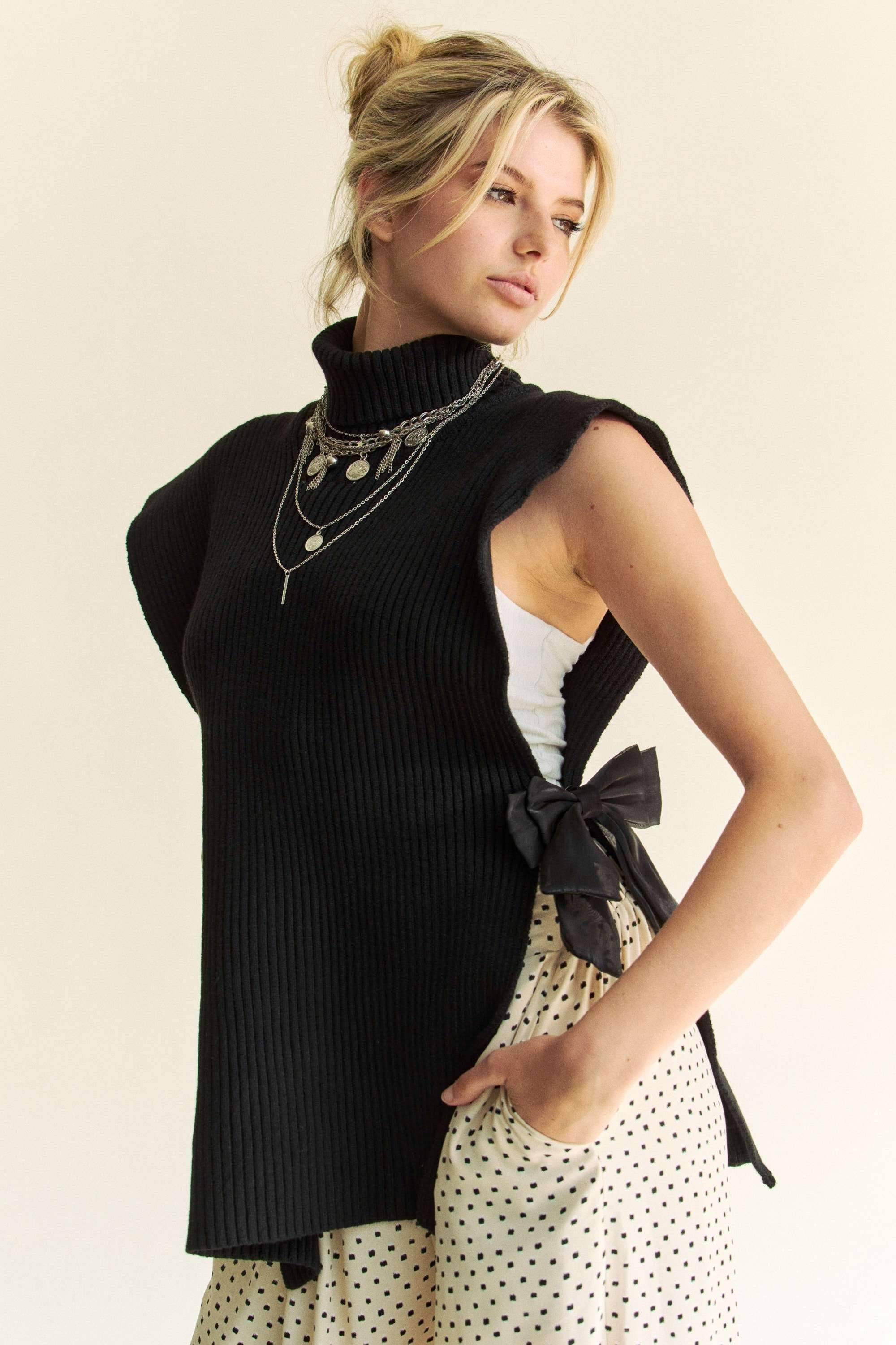 Davi & Dani Side Split Turtleneck Sleeveless Knit Top - Trendsi - Flyclothing LLC