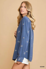 Umgee Linen Blend Fitted Shirt with Ribbon Embroidery Details - Trendsi - Flyclothing LLC