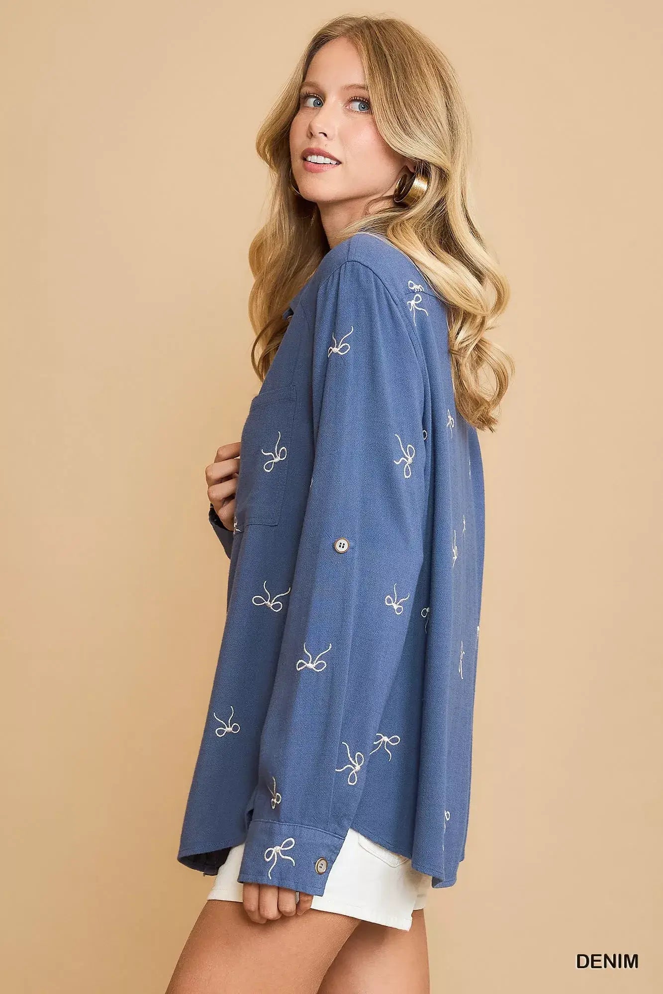 Umgee Linen Blend Fitted Shirt with Ribbon Embroidery Details - Trendsi - Flyclothing LLC