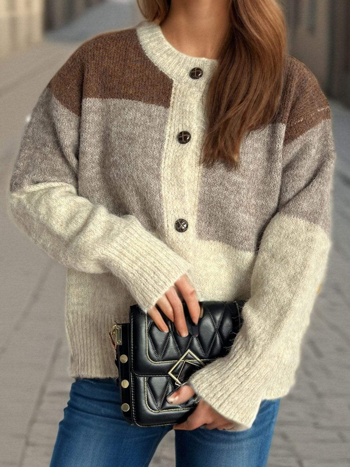 Color Block Round Neck Button Up Cardigan - Trendsi - Flyclothing LLC