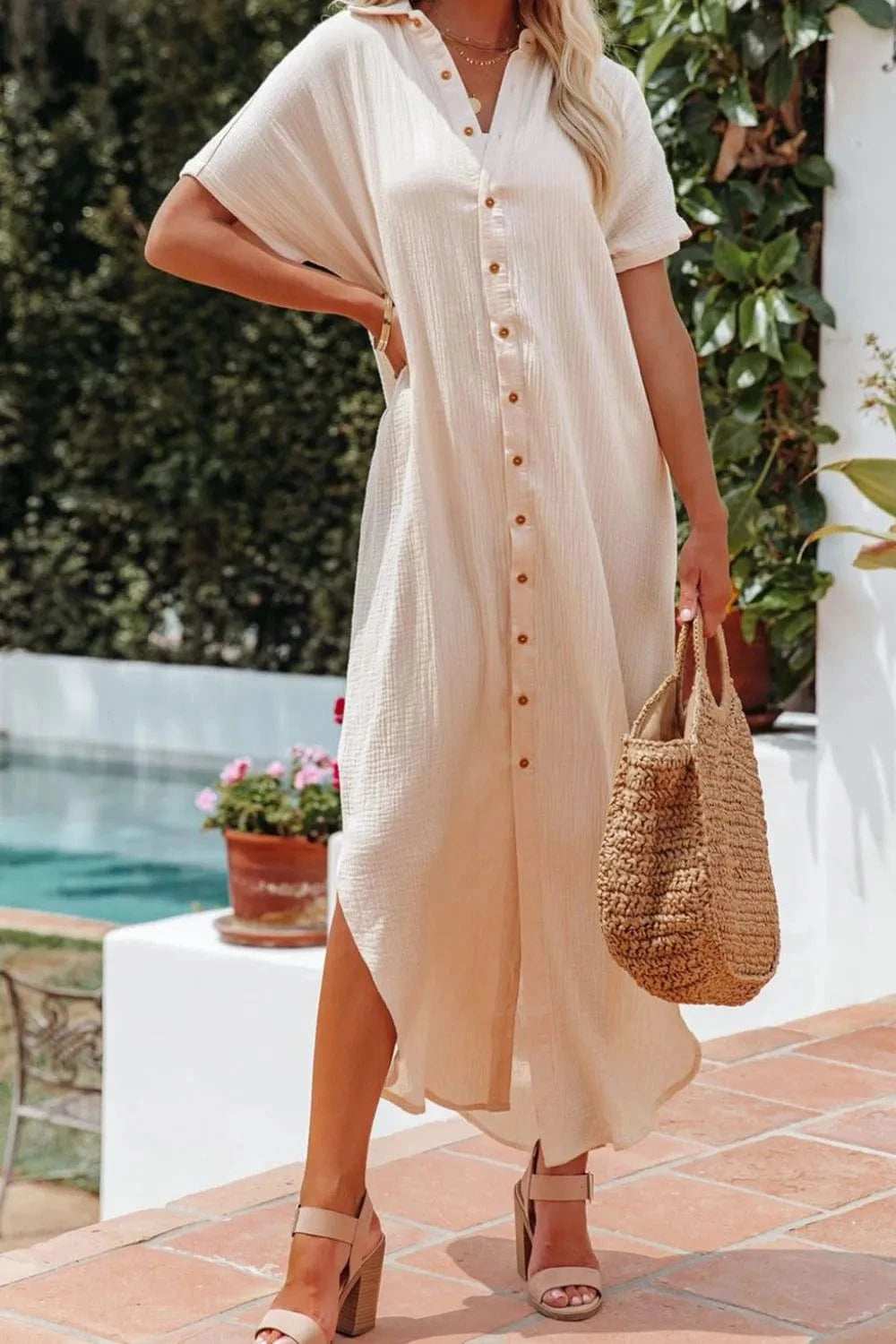 Button Down Short Sleeve Midi Shirt Dress - Trendsi - Flyclothing LLC