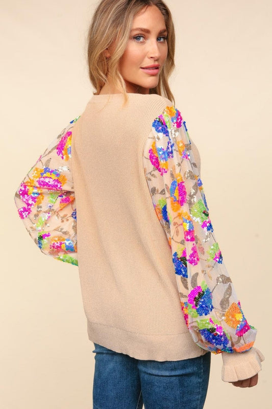 Haptics Floral Sequins Mesh Flounce Sleeve Sweater - Trendsi
