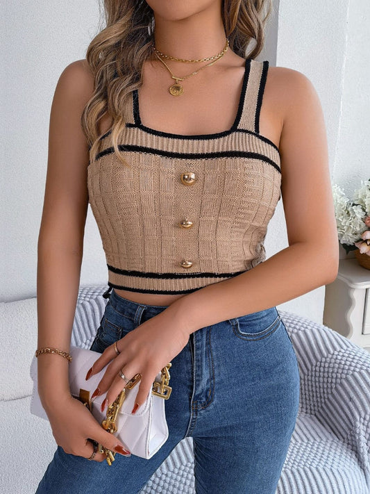 Decorative Button Wide Strap Knit Cami - Trendsi