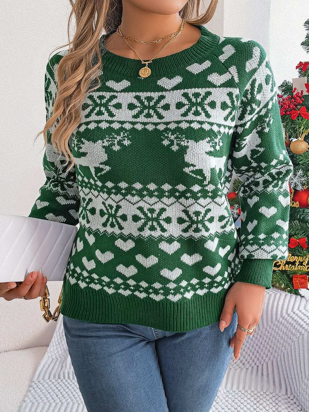 Christmas Element Round Neck Long Sleeve Sweater - Trendsi - Flyclothing LLC