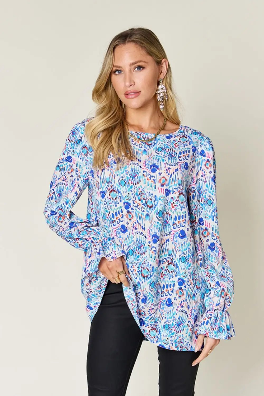 Double Take Full Size Printed Flounce Sleeve Blouse - Trendsi