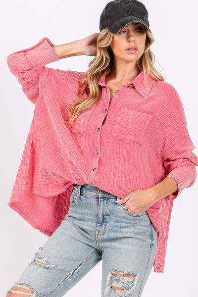 SAGE + FIG Frayed Hem Side Slit Button Down Shirt - Trendsi - Flyclothing LLC