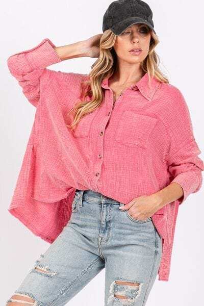 SAGE + FIG Frayed Hem Side Slit Button Down Shirt - Trendsi - Flyclothing LLC