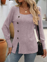 Decorative Button Striped Square Neck Long Sleeve T-Shirt - Trendsi - Flyclothing LLC