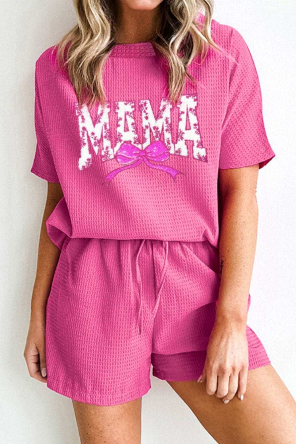 Waffle Sequin Floral MAMA Bow Graphic Top and Shorts Set - Trendsi - Flyclothing LLC