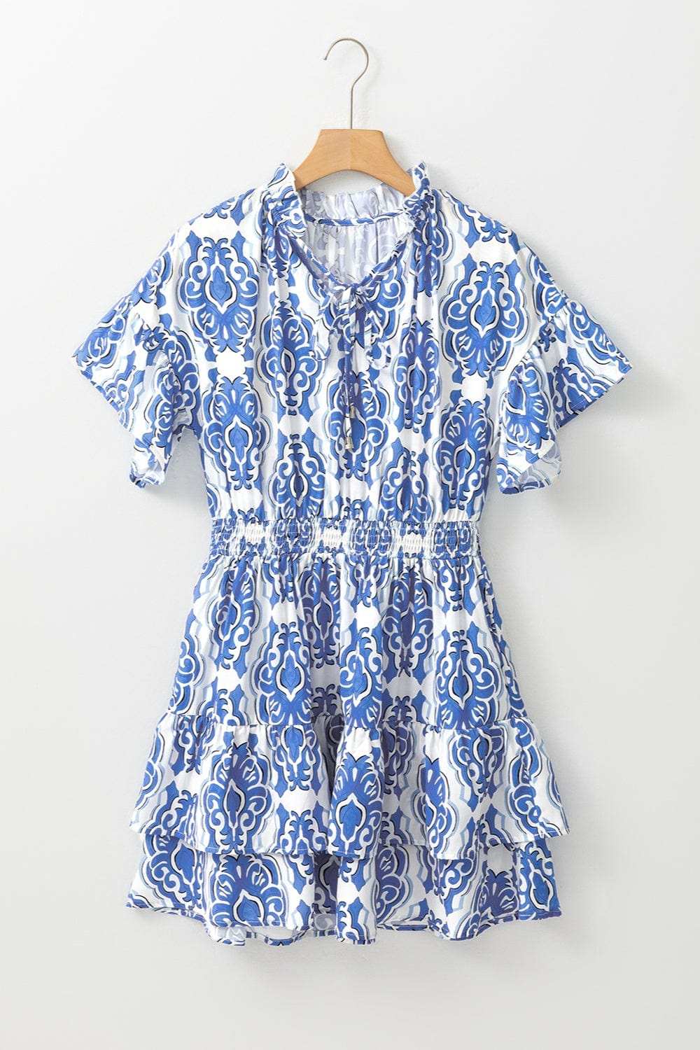 Printed Tie Neck Short Sleeve Mini Dress - Trendsi - Flyclothing LLC