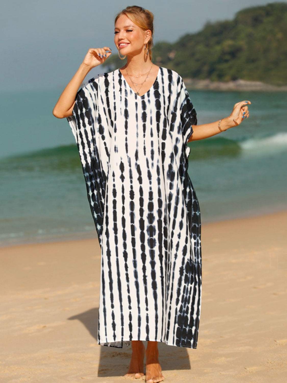 Tie-Dye V-Neck Half Sleeve Cover-Up - Trendsi - Flyclothing LLC