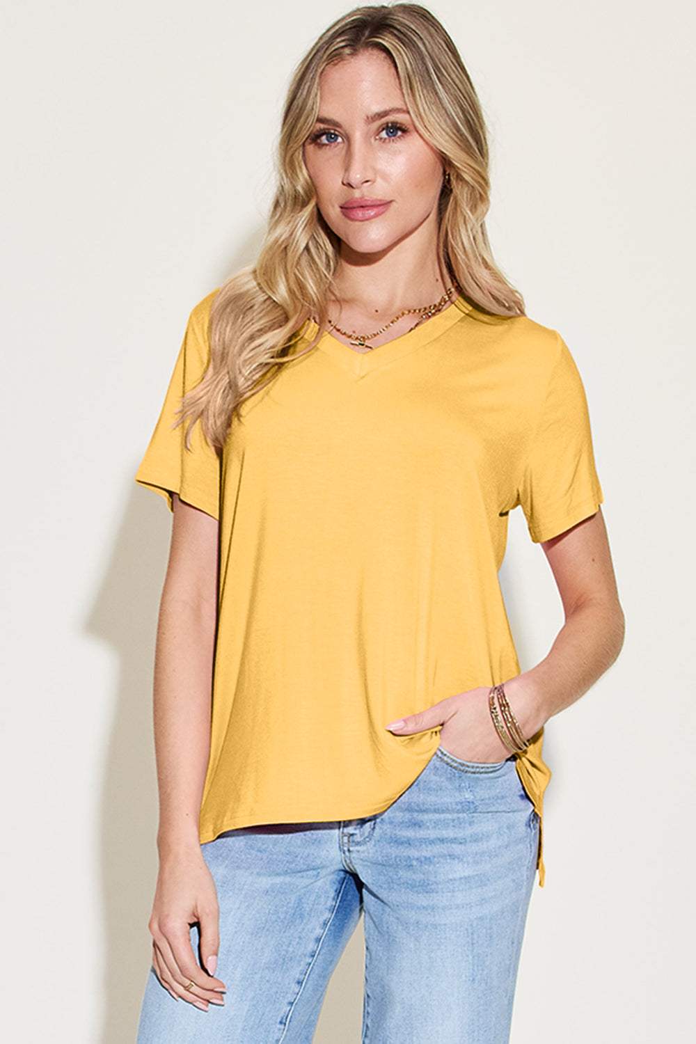 Basic Bae Bamboo Full Size V-Neck High-Low T-Shirt - Trendsi - Flyclothing LLC