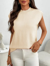 Mock Neck Cap Sleeve Knit Top - Trendsi - Flyclothing LLC