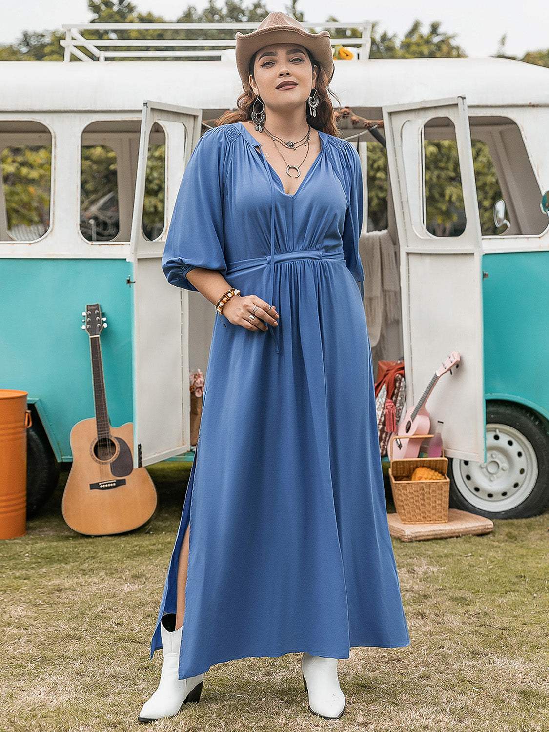 Plus Size Ruched Slit Three-Quarter Sleeve Midi Dress - Trendsi - Flyclothing LLC