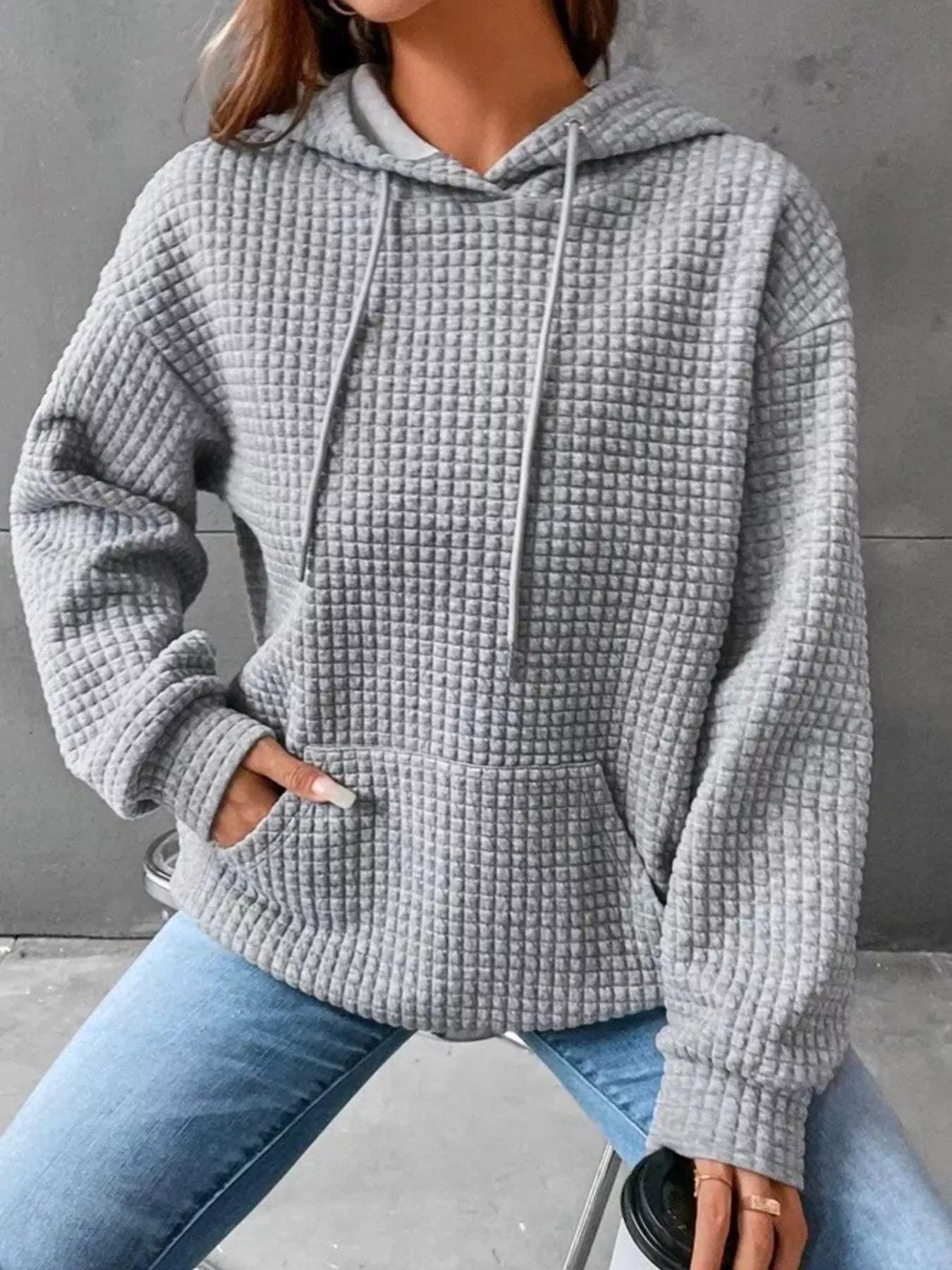 Full Size Textured Kangaroo Pocket Hoodie Plus Size - Trendsi - Flyclothing LLC